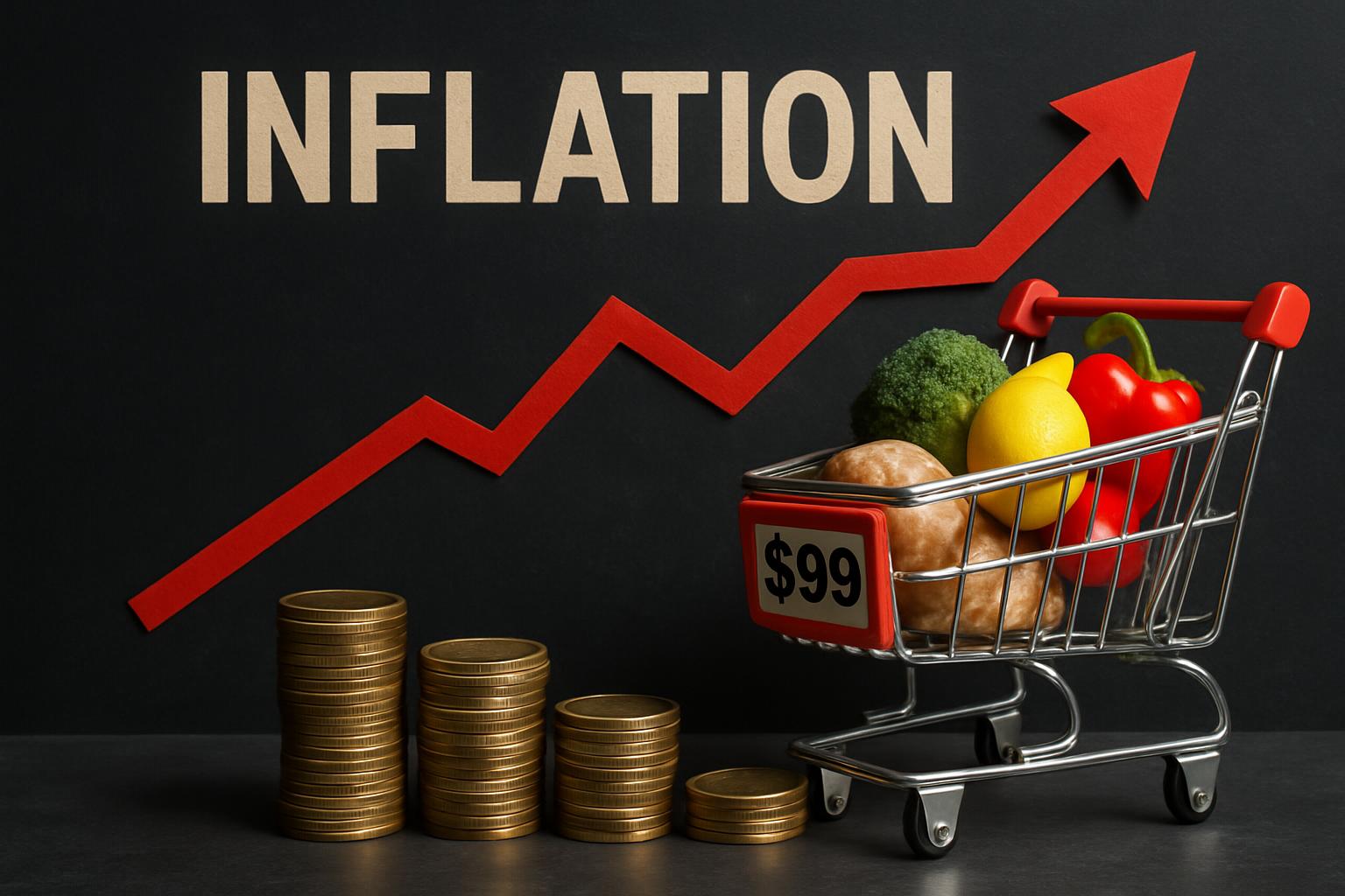 Gráfico de inflación creciente con carrito de compras y precios elevados